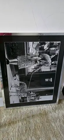 Framed Black White Vintage-Style Photograph of Woman Walking a Cheetah