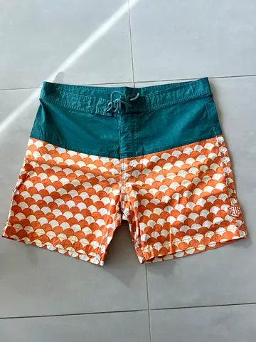 Deus, Mens swim trunks / boardshorts - teal and orange patterned, size L, almost new
