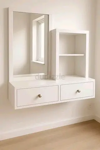 Wall-mounted white vanity with mirror and storage shelves (like-new)