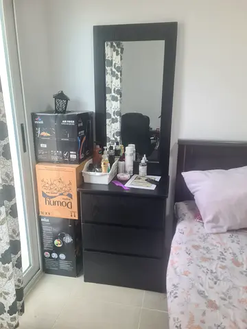 Black Wooden Dresser with Mirror and Drawers