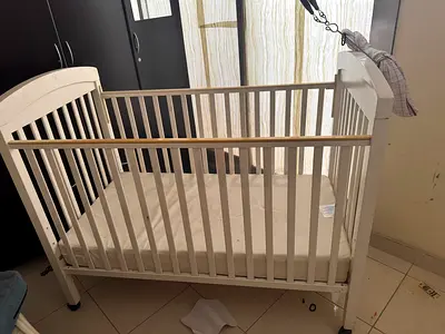 White Wooden Baby Crib with Mattress