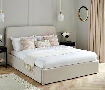New Modern Beige Upholstered Queen Size Bed with Headboard