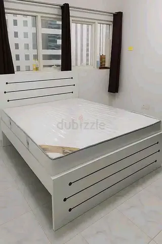 White wooden Queen  bed frame with Spring Mattress