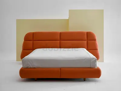 Modern Orange Upholstered Double Bed with Padded Headboard