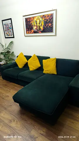 Dark Green L-shaped Velvet Sofa with Chaise - Good Condition