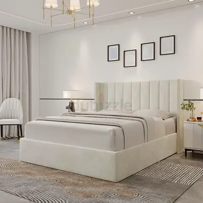 Modern Upholstered Double Bed with Tall Padded Headboard - Cream