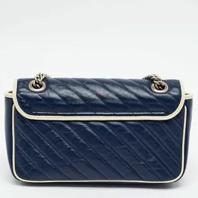 Gucci GG Marmont Torchon Small Navy Blue/White Diagonal Quilt Leather Shoulder Bag