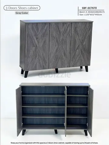Gray 3-Door Shoe Cabinet, L120 x W32 x H92 cm