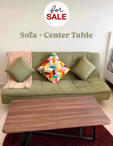 Green 3-seater Sofa Bed with Wooden Center Table - Very good Condition