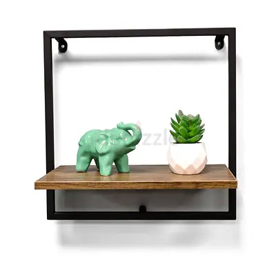 Square Wall Shelf with Wooden Shelf and Black Metal Frame
