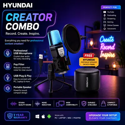 Hyundai USB Creator Combo Microphone with Pop Filter + Portable Speaker (Like New)