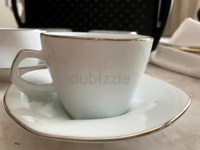 Set of white porcelain espresso cups with saucers (silver rim) - 4 pieces