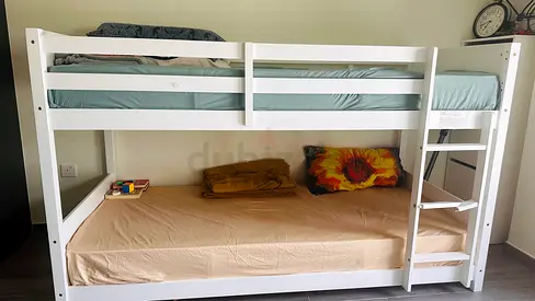 White Wooden Bunk Bed - Sturdy Double Sleeper, Good Condition including matress
