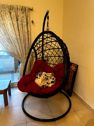 Black Wicker Hanging Egg Chair with Red Cushion - Used