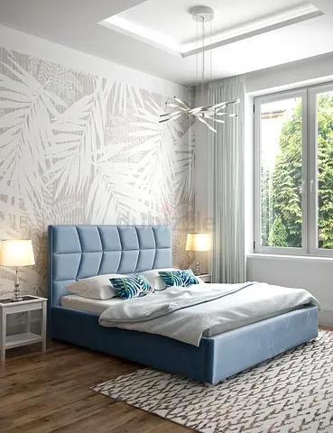 Blue upholstered double bed with padded headboard - good condition