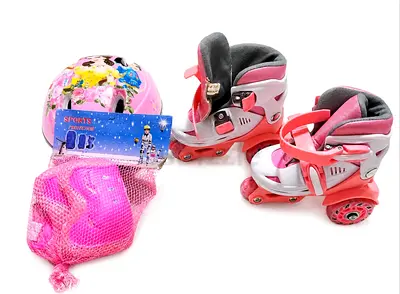Kids pink adjustable inline skates with helmet and pads - size adjustable