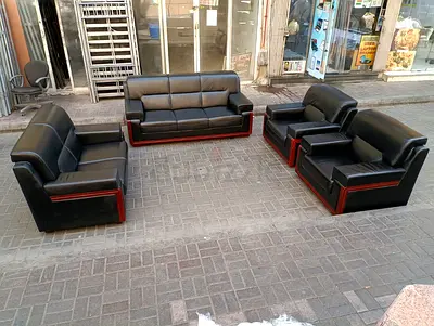Black Leather 3+2+1+1 Sofa Set with Wooden Trim - Good Condition