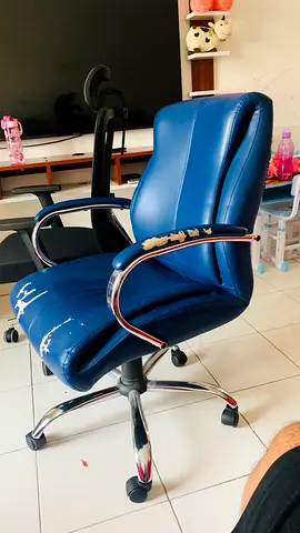 Used Blue Leather Office Chair with Chrome Base - Some Wear