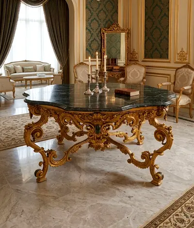 Villa Banquet Table Mansion Palace Castle Copper Green Marble Brass Crown Laurels Lobby Round Desk