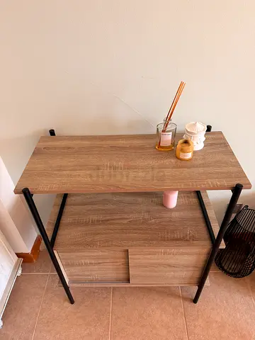 Small wooden side table with storage shelf and metal frame