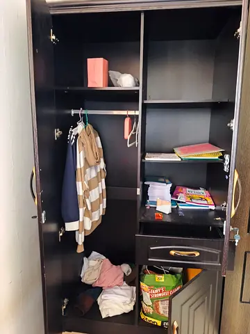 Dark Wood 2-Door Wardrobe with Shelves and Drawer - Good Condition