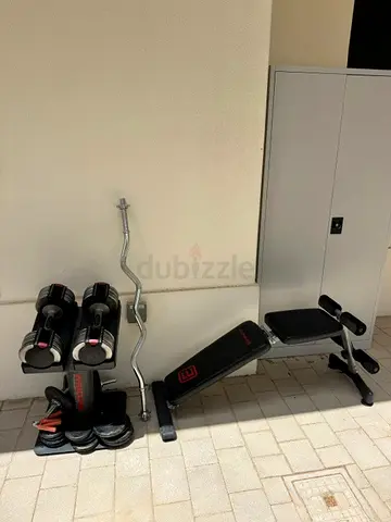 Adjustable Dumbbells, Curl Bar and Adjustable Workout Bench - Good Condition