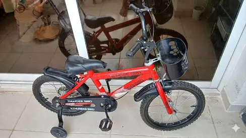 Red kids Thunder Bird bicycle with basket and training wheels