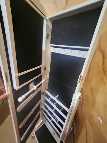 Free-standing Jewelry Mirror Cabinet with Hooks and Drawers - White