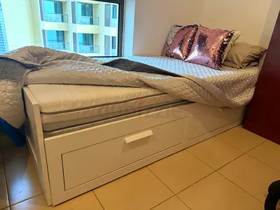 White sofa bed with under-bed storage drawers (good condition)