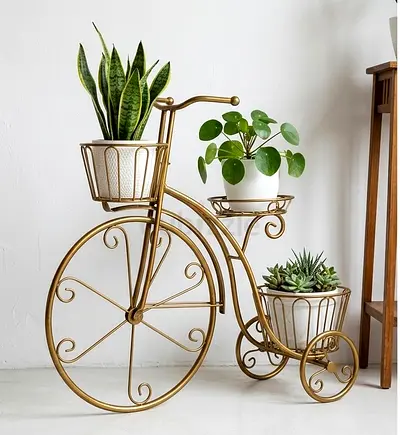 Decorative Gold Bicycle Plant Stand - 3 Tier Metal Flower Pot Holder