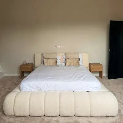 Cream Bouclé Upholstered Queen Bed with Padded Headboard