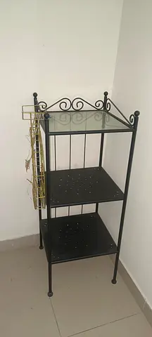 Black Metal Corner Shelving Unit with Glass Top