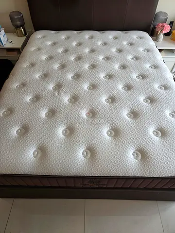 Queen size leather bed frame with headboard and storage - dark brown with mattress, firmness 7~8