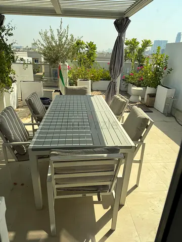 Outdoor garden dining table with 8 chairs in aluminium EXTENDABLE - with cushion chairs