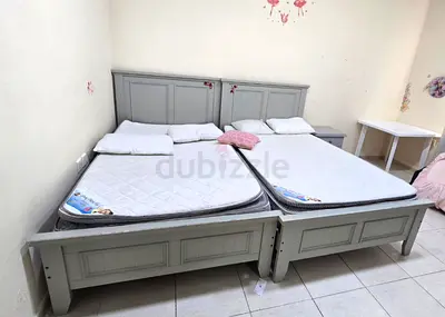 Queen size wooden bed frame with headboard - set of two (joined) - grey