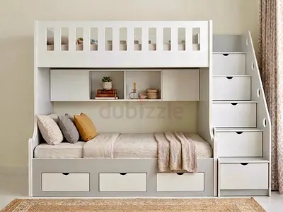 White Wooden Bunk Bed with Stairs, Drawers and Storage - Good Condition