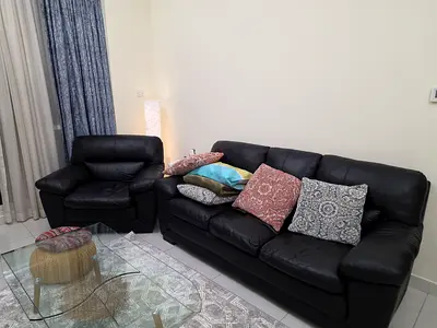 Black 3-Seater Leather Sofa with Matching Armchair - Good Condition