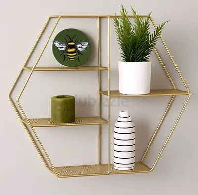 Hexagonal Gold Metal Wall Shelf — Modern Decorative Display Unit