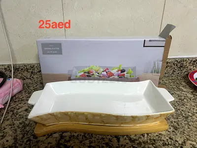 White Ceramic Serving Platter on Wooden Stand - Good Condition