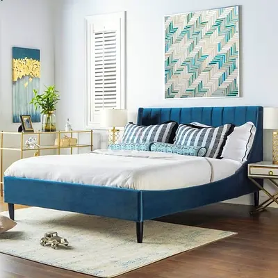 Blue velvet curved design queen bed frame
