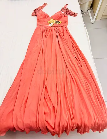 Coral Pink Long Formal Dress with Lace Straps - Brand New