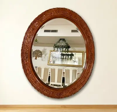 Large Oval Wooden Framed Wall Mirror - Carved Vintage Style