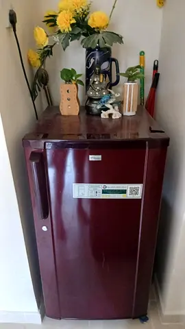 Family used Single-door maroon refrigerator - compact unit, good condition