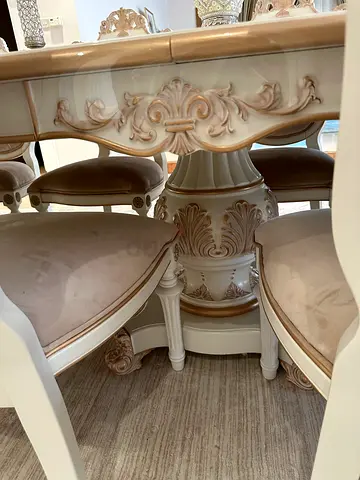 Ornate Classic Wooden Dining Table with 6 Upholstered Chairs - Cream Gold
