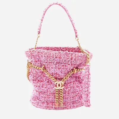 Chanel Tweed Pending CC Small Pink Fabric Drawstring Shoulder Bag