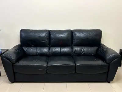 Black 3+2 -Seater Genuine Leather Sofa and Solid wood table - Good Condition