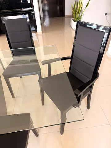Id design Modern Glass Dining Table with eight Black Fabric Chairs marble leg and cabinet