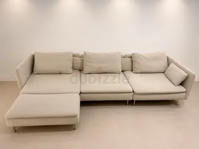 Modern 3 Seater Sectional Sofa with Ottoman in Beige Fabric