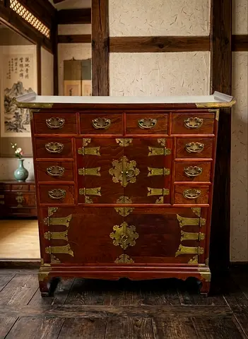 Korean Classic Traditional Wooden Cabinet with Brass Hardware