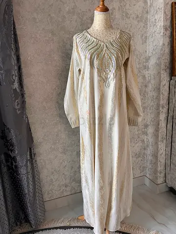 Elegant White and Gold Embroidered Jalabiya Arabic dress